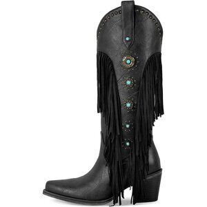 Women's Black Western Cowboy Cowgirl Boots Studded Fringed Long Boot Block Heel